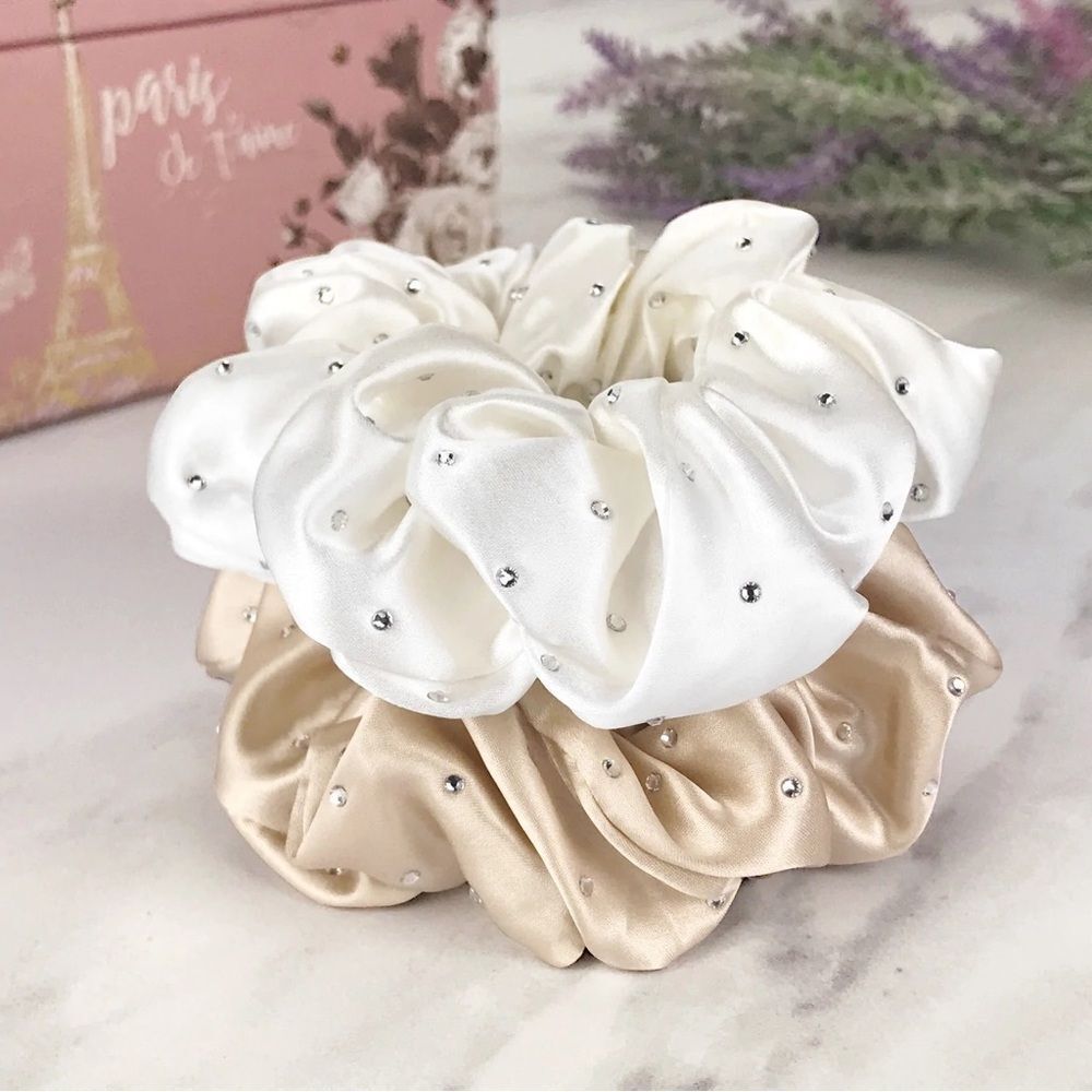 NWT Celestial Silk Genuine Mulberry Silk Scrunchies w/ Crystals - Taupe & Ivory